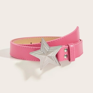 Pink women's belt with a large silver star buckle and sleek metallic studs detail
