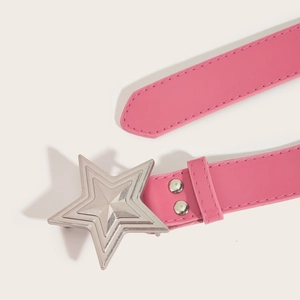 Detail of pink PU leather belt with large silver star buckle and fine edge stitching