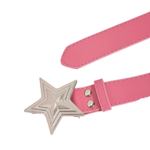 Pink faux leather Y2K belt with a silver 3D star-shaped buckle and rivet details