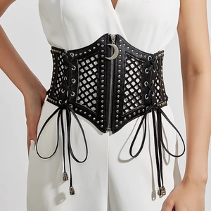 Gothic Punk Women Wide Corset Belt Faux Leather Elastic Waist Cincher With Crescent Moon Pendant Rivets For Dress Decoration