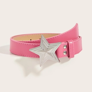 Women Fashion Faux Leather Belt Sweet Y2K Style With Large Silver Star Metal Buckle Rose Red Decorative Waist Belt Accessories