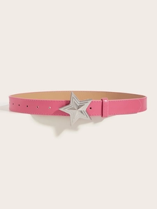 Detail of pink leather belt featuring a silver star buckle and adjustable strap holes
