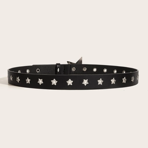 Punk black faux leather belt with silver star studs and vintage metal pin buckle