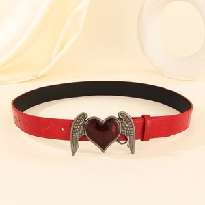 Y2K burgundy heart wing belt with vintage silver buckle and crocodile pattern