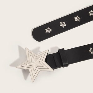 Punk black leather belt with oversized silver star buckle and star-shaped metal eyelets