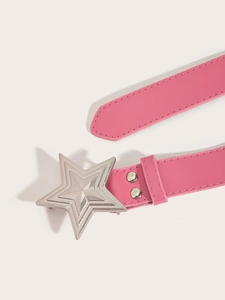 Detail of pink leather belt featuring a silver star-shaped buckle and metal rivets