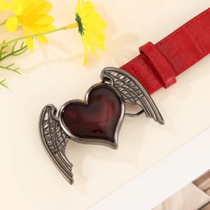 Burgundy Y2K crocodile pattern belt with silver winged heart buckle and red stone inlay