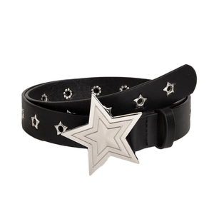Punk style black leather belt featuring a large silver star buckle and metal star eyelets