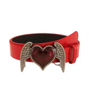 Burgundy Y2K faux crocodile leather belt with vintage winged heart buckle and red rivets