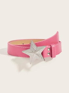 Detailed view of pink faux leather belt featuring a silver 3D star-shaped alloy buckle