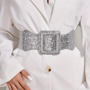 Damen Mode Glitzer Quadratische Schnalle Elastischer Gürtel Breiter Korsett Gürtel Für Kleider Silber Gold Schwarz Paillettengürtel