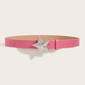 Bright pink leather fashion belt for women with decorative silver star-shaped metal buckle