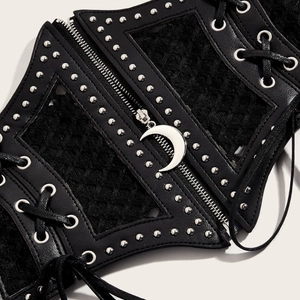 Women vintage gothic corset belt with leather lace stitching and crescent moon pendant
