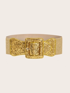 Detailansicht goldener Pailletten-Gürtel mit großer quadratischer Schnalle und Glitzereffekt