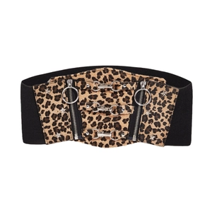 Women's leopard print wide elastic waist belt with silver buckles and star studs