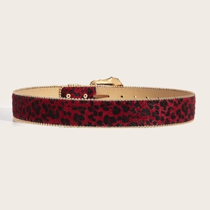 Ceinture léopard rouge avec texture fausse fourrure et bordure perlée dorée chic