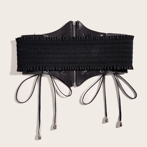 Women's punk style black corset belt with zipper and silver skull pendant tassels