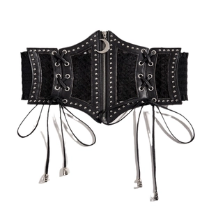 Women gothic black wide corset belt with silver moon pendant and metal rivet details