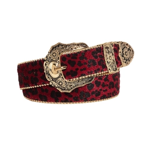 Ceinture léopard rouge et noire avec boucle métallique dorée style western vintage