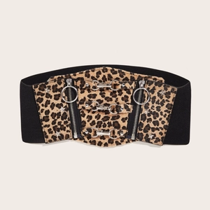 Wide elastic leopard print waist belt with silver zippers and metal ring buckles