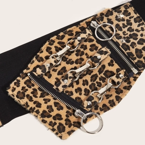 Women leopard print wide elastic waist belt with punk silver metal rings and rivets