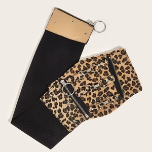 Women's leopard print wide elastic waist belt with punk style multi-zipper and metal rings