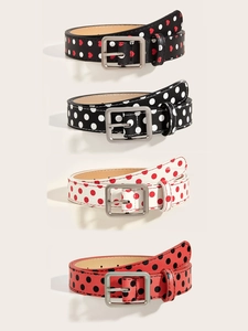 Detail view of four slim Y2K retro belts with heart and polka dot patterns on PU leather