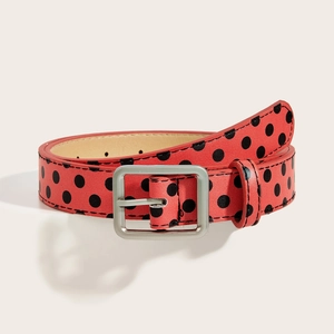 Retro Y2K red leather belt with black polka dots and silver buckle for jeans