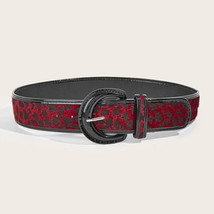 Women's leopard print belt with red and black faux fur texture and large D-shaped black buckle