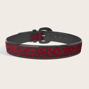 Red and black leopard print belt with horsehair texture and round black buckle for women