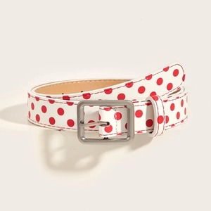 Retro Y2K white leather belt with bold red polka dots and silver metal square buckle