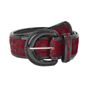 Red and black leopard print belt with faux calf hair and glossy black horseshoe buckle