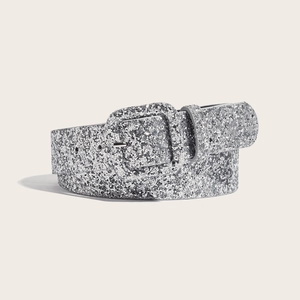 Glitter silver women belt with square buckle for party dresses and casual jeans