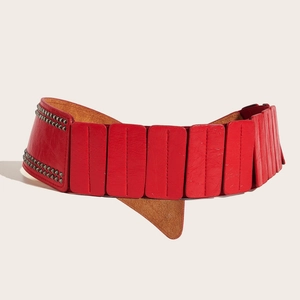 Large ceinture élastique rouge punk pour femme avec rivets carrés et panneaux cousus