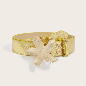Women's gold snake textured leather belt with large floral buckle for casual jeans