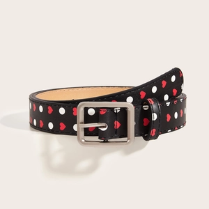 Y2K vintage belt with heart and polka dot print on black faux leather with silver buckle