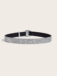 Detail of silver glitter skinny belt for women with matching square buckle and strap loops