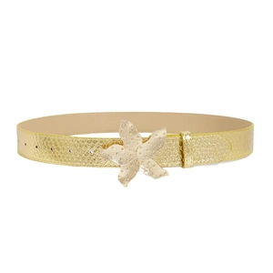 Golden women fashion belt with textured snake skin pattern and starfish metal buckle