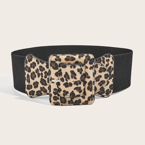 Elastic leopard print wide waist belt with a square buckle for dresses and coats