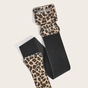 Women's wide elastic corset belt featuring leopard print square buckle and black stretchy band