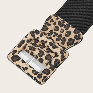 Women's wide elastic waist belt with leopard print horsehair texture and square buckle