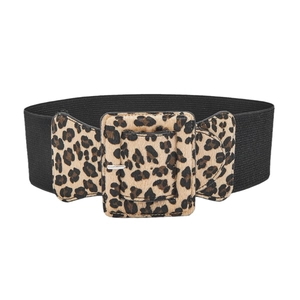Women's wide elastic waist belt with leopard print square buckle for dresses and coats