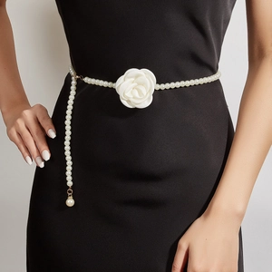Elegant Faux Artificial Pearl Waist Chain For Women With White Fabric Flower Decor Gold Metal Hook Belt For Dress Party Luxury Accessory