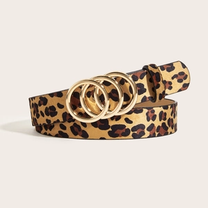 Ceinture pour Femmes en Cuir PU Imprimé Léopard avec Boucle en Alliage à Trois Anneaux Dorés Style Coréen Vintage