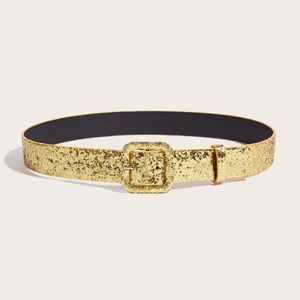 Minimalist women's gold glitter belt with square pin buckle for stylish dresses and coats