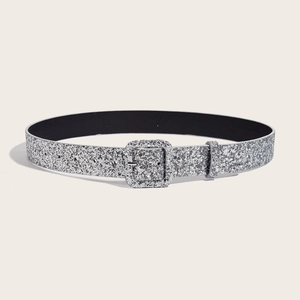 Sparkling silver glitter waist belt with a classic rectangular buckle for women