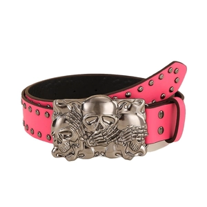 Roze punk riem van PU-leer met zilveren doodskop gesp en metalen klinknagels