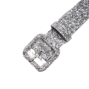 Sparkling silver glitter belt for women featuring a minimalist square metal pin buckle