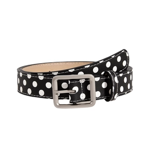 Retro Y2K black faux leather belt with white polka dots and silver metal buckle