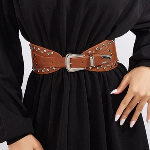 Cinturón Ancho de Cuero PU con Remaches Estilo Punk para Mujer Cinturón de Cintura Vintage con Hebilla de Aleación Western